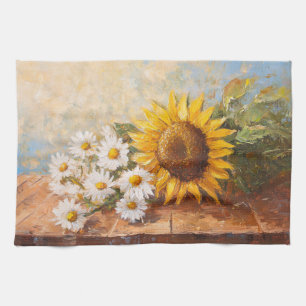 Zonnebloemen en Madeliefjes op Rustieke Tafel Theedoek