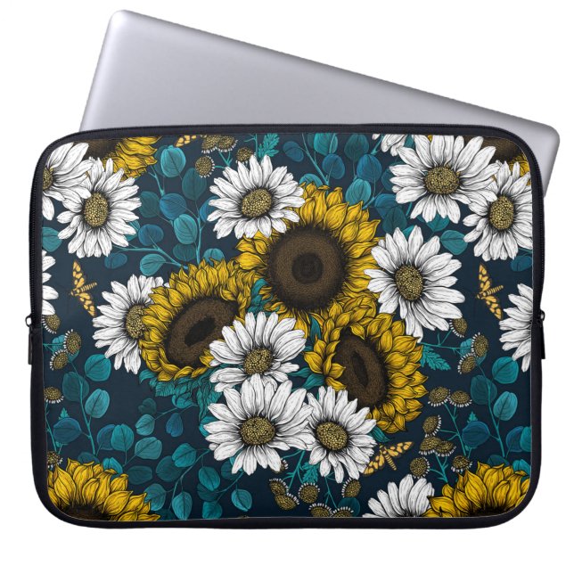 Zonnebloemen en madeliefjes, zomertuin 2 laptop sleeve (Voorkant)
