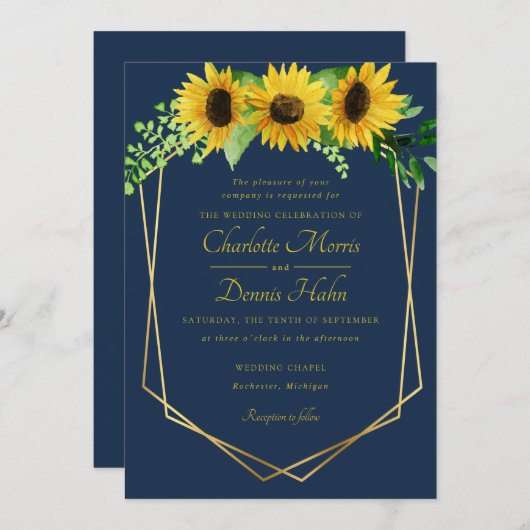 Zonnebloemen en marine bruiloft uitnodiging (Voorkant / Achterkant)