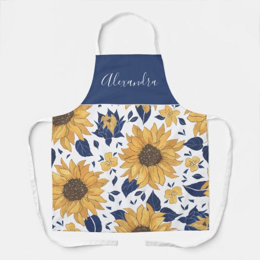 Zonnebloemen en marineblauw, speciaal gepersonalis schort (Voorkant)