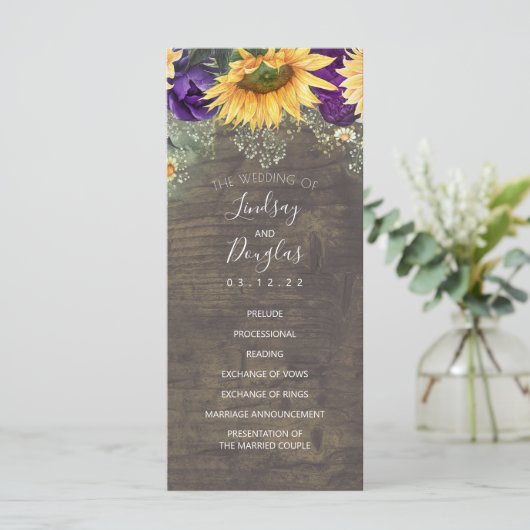 Zonnebloemen en Paarse Roos bruiloft programma's (Staand voorkant)