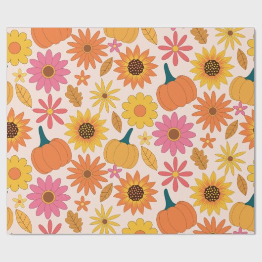 Zonnebloemen en pompoenen Herfst Patroon Cadeaupapier (Vlak)