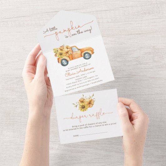 Zonnebloemen en pompoenen Truck Baby shower All In One Uitnodiging (Afscheurbaar)