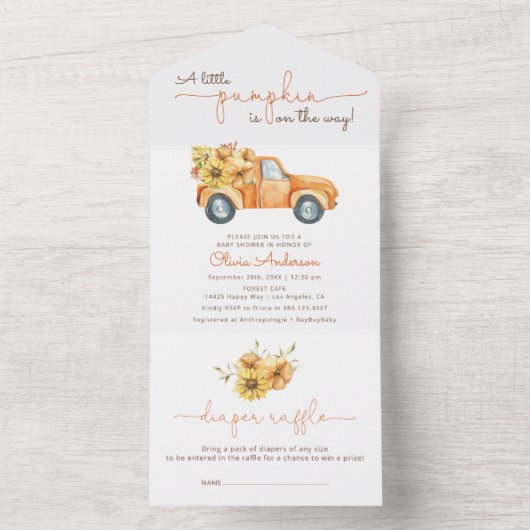 Zonnebloemen en pompoenen Truck Baby shower All In One Uitnodiging (Binnen)
