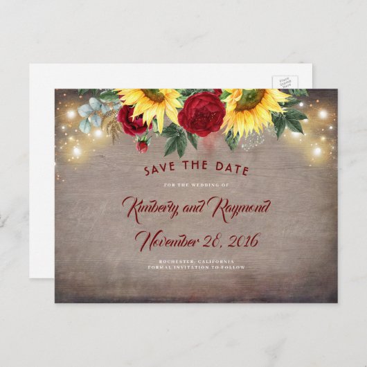 Zonnebloemen en rode bloemen Herfst Save the Date Aankondigingskaart (Voorkant / Achterkant)