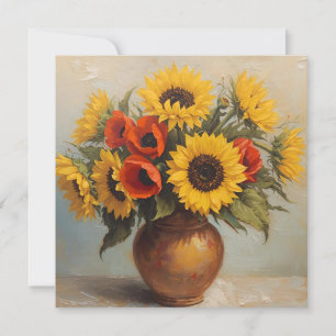 Zonnebloemen en Rode Klaprozen Bloemen Stilleven Kaart