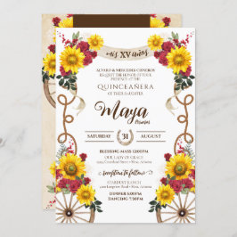 Zonnebloemen en rode rozen Rustic Charro Quinceane Kaart