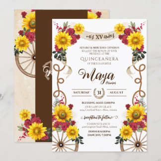 Zonnebloemen en rode rozen Rustic Charro Quinceane Kaart