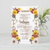 Zonnebloemen en rode rozen Rustic Charro Quinceane Kaart (Staand voorkant)