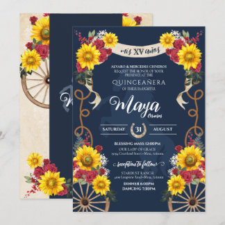 Zonnebloemen en rode rozen Rustic Charro Quinceane Kaart