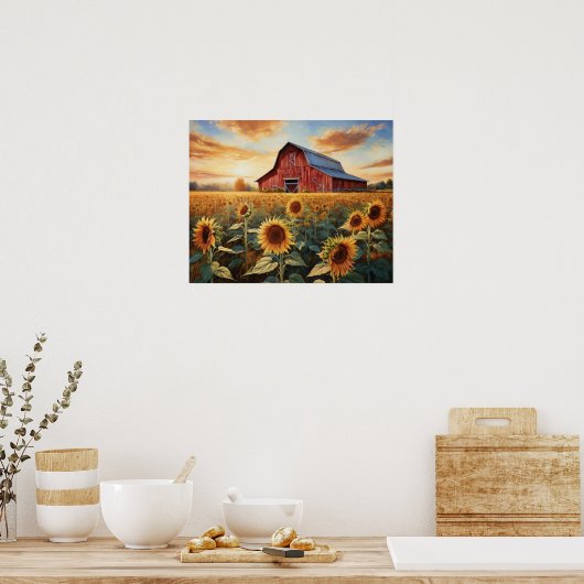 ZONNEBLOEMEN EN RODE SCHUUR POSTER (Keuken)