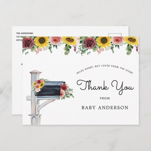 Zonnebloemen en Rozen Baby shower per post Dank u Briefkaart (Voorkant / Achterkant)
