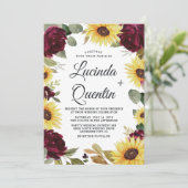 Zonnebloemen en Rozen Bourgondië Rode Rustieke Bru Kaart (Staand voorkant)