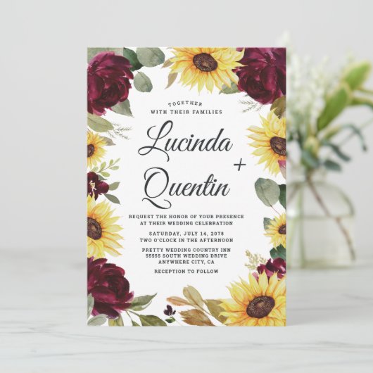 Zonnebloemen en Rozen Bourgondië Rode Rustieke Bru Kaart (Staand voorkant)