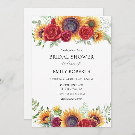 Zonnebloemen en Rozen bruidsdouche uitnodiging (Voorkant / Achterkant)