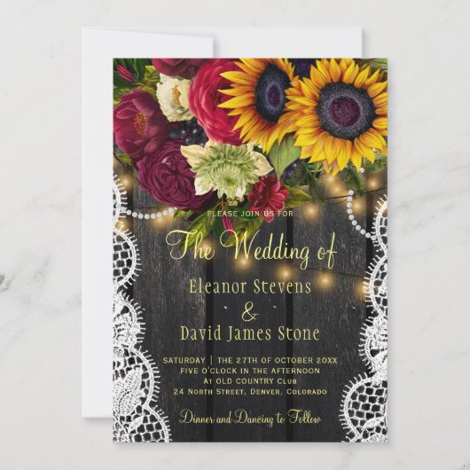 Zonnebloemen en rozen bruiloft met hout kaart (Voorkant)