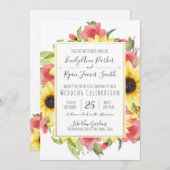 Zonnebloemen en Rozen Goud Lijst Bruiloft Kaart (Voorkant / Achterkant)