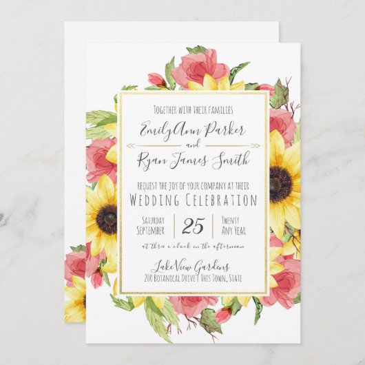 Zonnebloemen en Rozen Goud Lijst Bruiloft Kaart (Voorkant / Achterkant)