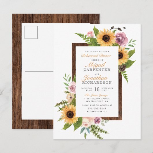 Zonnebloemen en Rozen Landelijke repetitie Uitnodiging Briefkaart (Voorkant / Achterkant)