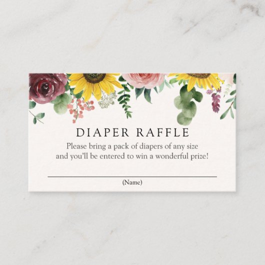 Zonnebloemen en Rozen Luier Raffle insert kaart (Voorkant)