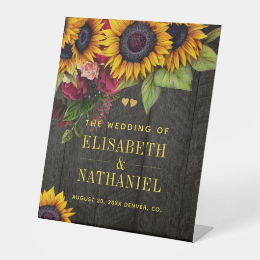 Zonnebloemen en rozen rustieke bruiloft welkomstbo reclamebord met voetstuk (Voorkant)