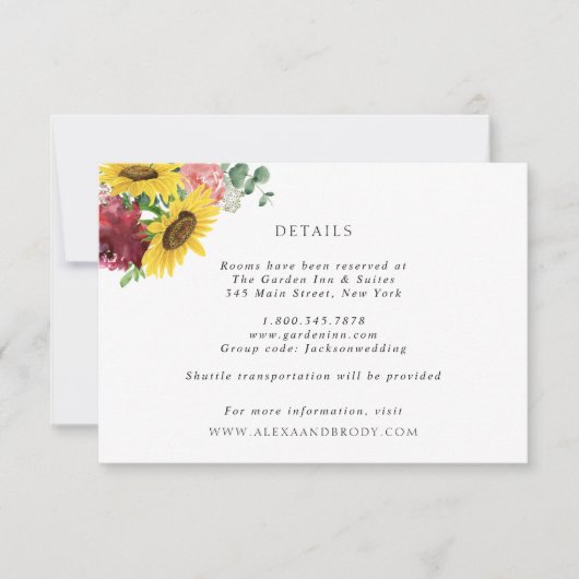 Zonnebloemen en Rozen Trouwdetails Kaart (Voorkant)