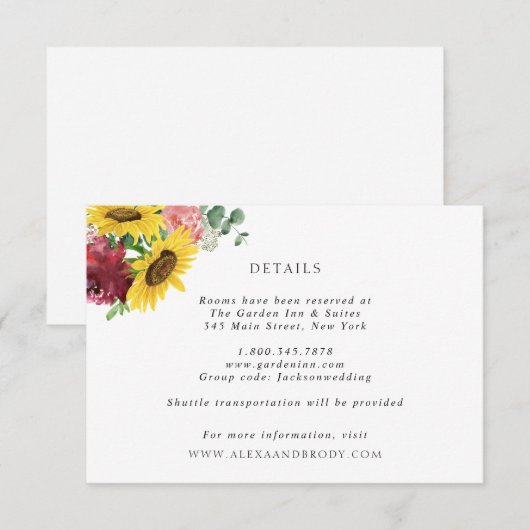 Zonnebloemen en Rozen Trouwdetails Kaart (Voorkant / Achterkant)