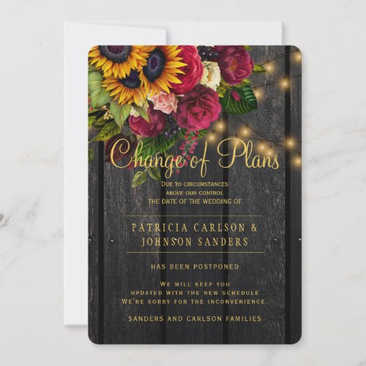 Zonnebloemen en rozen vallen trouwplannen in duige kaart (Voorkant)