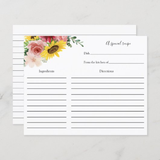 Zonnebloemen en Rozen Vrijgezellenfeest Recipkaart (Voorkant / Achterkant)