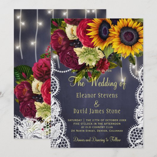 Zonnebloemen en rozen winter rustieke marine bruil kaart (Voorkant / Achterkant)