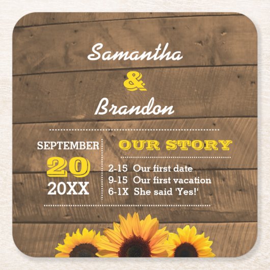 Zonnebloemen en Rustic Wood Aangepast huwelijk Kartonnen Onderzetters (Voorkant)