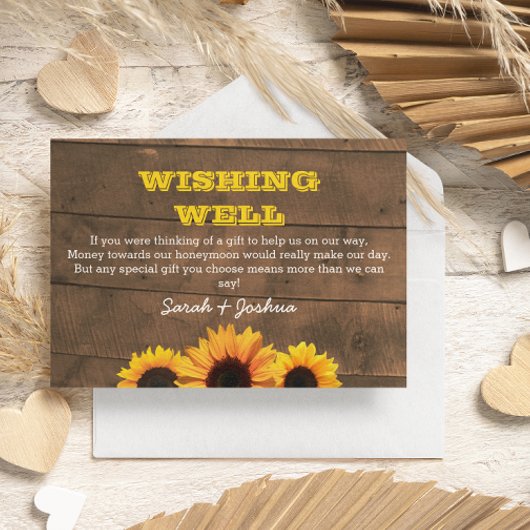 Zonnebloemen en rustieke houten bruiloft wensen go informatiekaartje