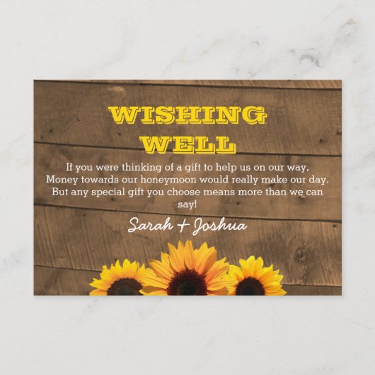 Zonnebloemen en rustieke houten bruiloft wensen go informatiekaartje (Voorkant)