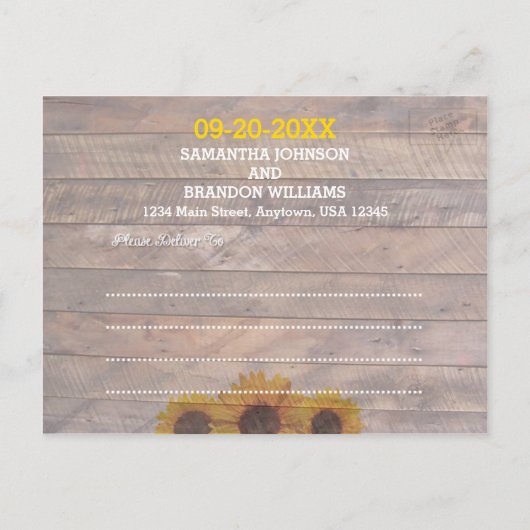 Zonnebloemen en Rustisch hout Wedding Save the Dat Aankondigingskaart (Achterkant)