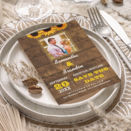 Zonnebloemen en Rustisch hout Wedding Save the Dat Aankondigingskaart