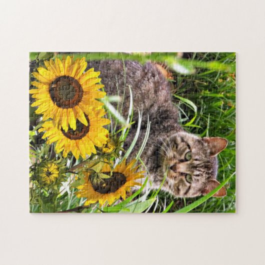Zonnebloemen en Schattigee Kat Jigsaw Puzzel (Horizontaal)