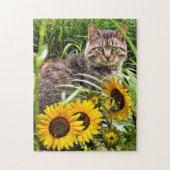 Zonnebloemen en Schattigee Kat Jigsaw Puzzel (Verticaal)
