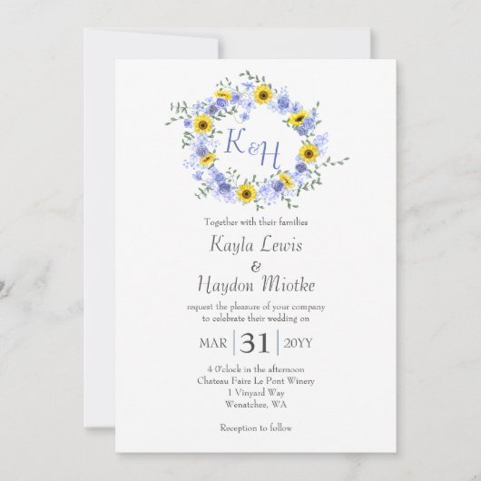 Zonnebloemen en stoffige blauwe Rozen Trouwkrans Kaart (Voorkant)