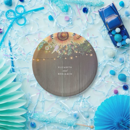 Zonnebloemen en String Lights Rustieke Country Bar Papieren Bordje (Feest)