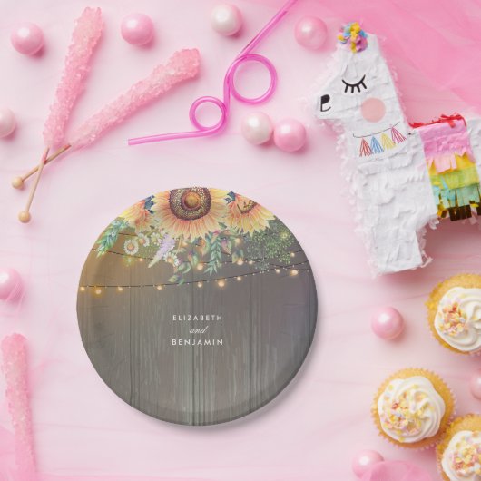 Zonnebloemen en String Lights Rustieke Country Bar Papieren Bordje (Feest)