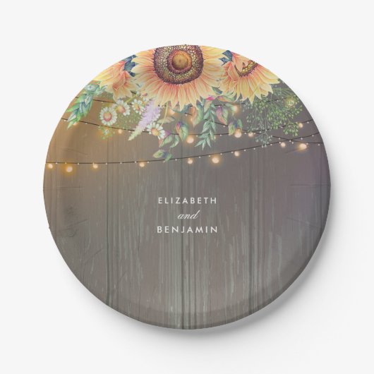 Zonnebloemen en String Lights Rustieke Country Bar Papieren Bordje (Voorkant)