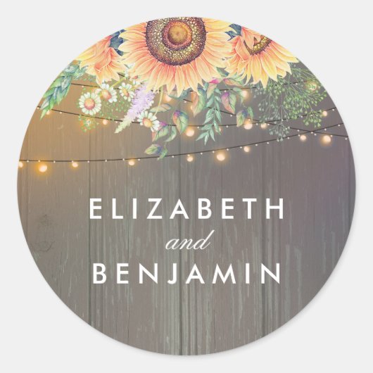 Zonnebloemen en String Lights Rustieke Houten Schu Ronde Sticker (Voorkant)