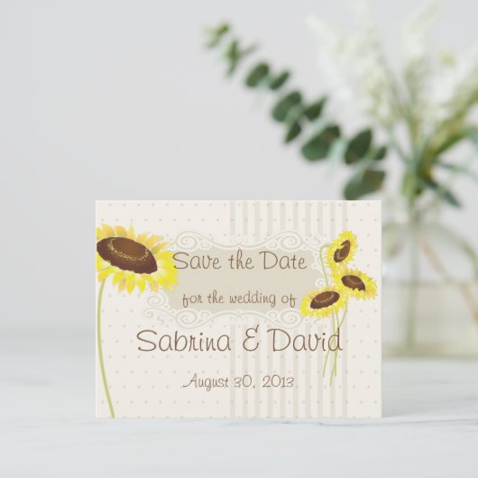 Zonnebloemen en strips sparen de datum aankondigingskaart (Staand voorkant)