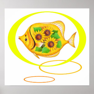 Zonnebloemen en tropische vissen. poster