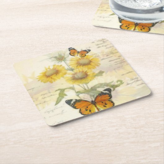 Zonnebloemen en vlinder kartonnen onderzetters (Schuin)