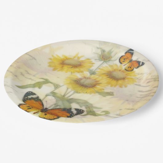 Zonnebloemen en vlinder papieren bordje (Gekanteld)