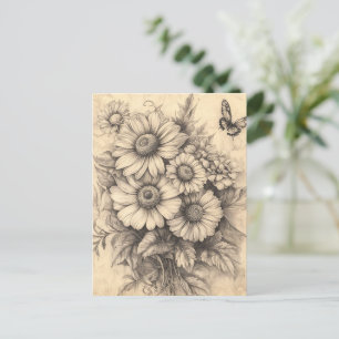 Zonnebloemen en vlinder - Rustiek oud papier Briefkaart