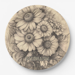 Zonnebloemen en vlinder - Rustiek oud papier Papieren Bordje