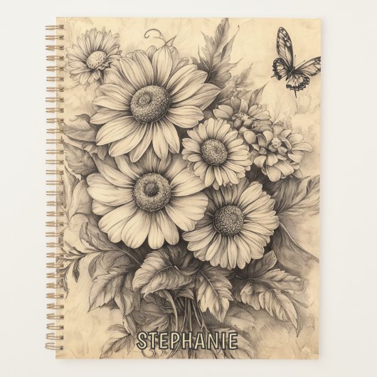 Zonnebloemen en vlinder - Rustiek oud papier Planner (Voorkant)