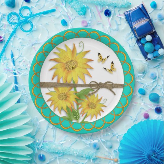 Zonnebloemen en vlinderbloemigen Gezogen rand Papieren Bordje (Feest)